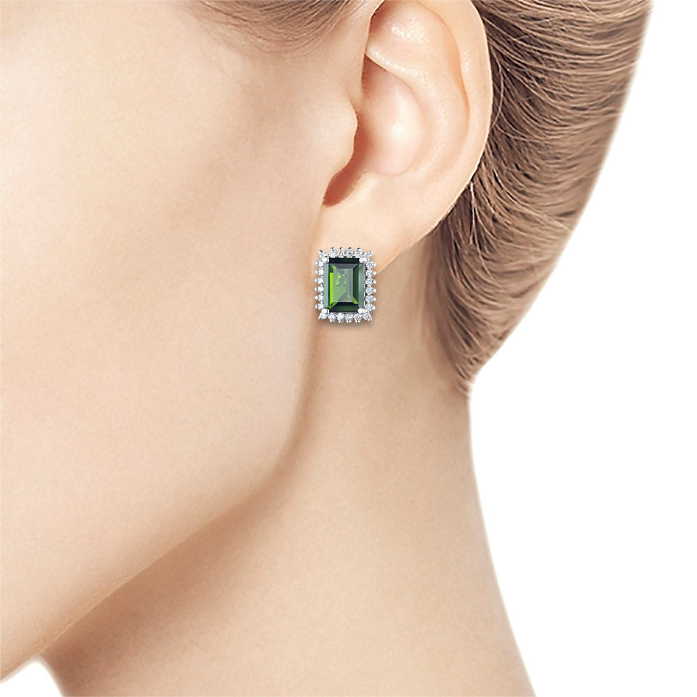 14K White Gold Earring Studs with Chrome diopside and Lab-Created Diamonds 3.150 CT.TW