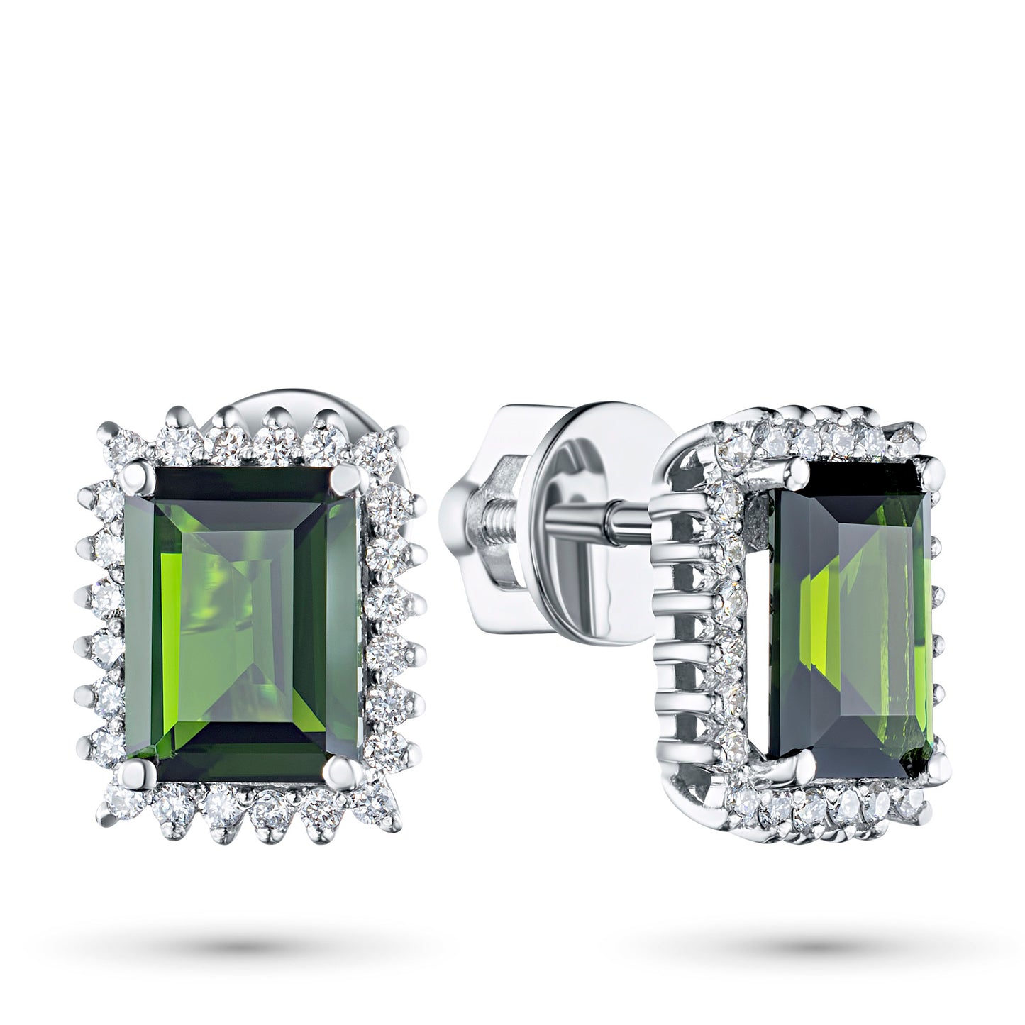 14K White Gold Earring Studs with Chrome diopside and Lab-Created Diamonds