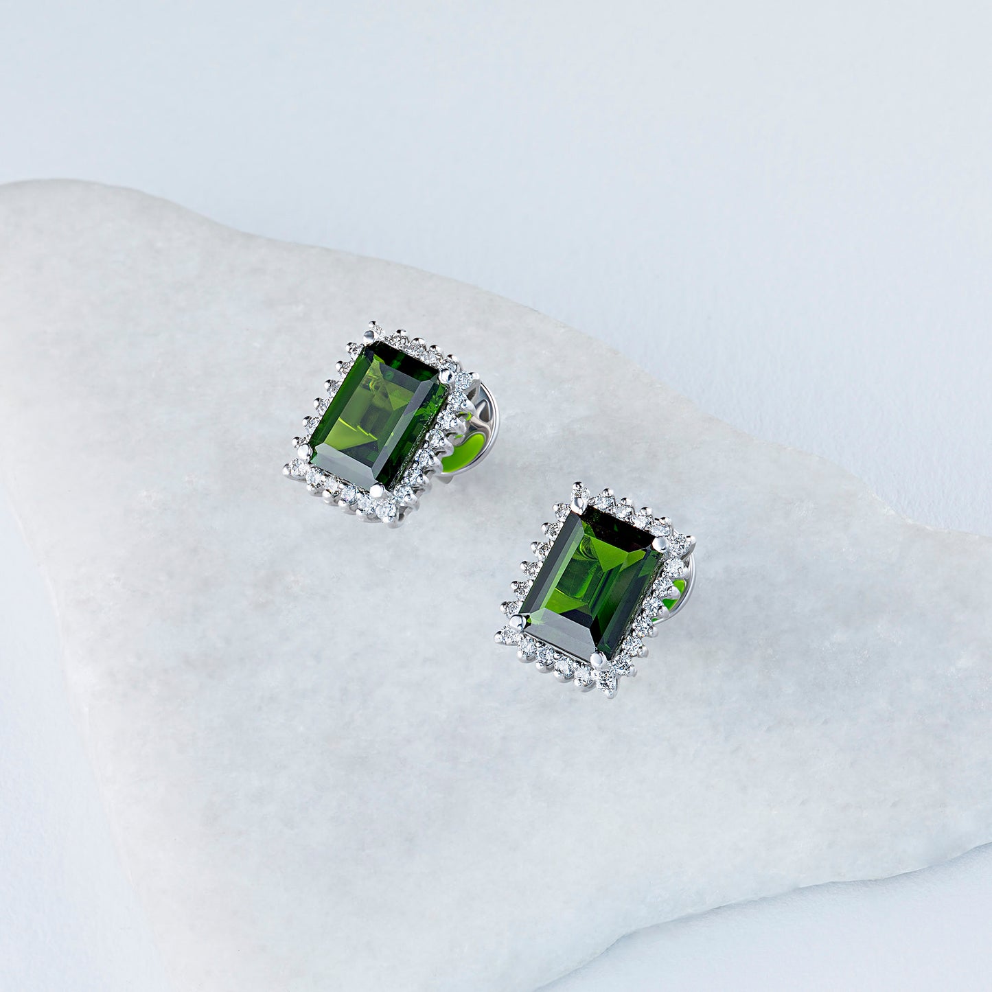 14K White Gold Earring Studs with Chrome diopside and Lab-Created Diamonds