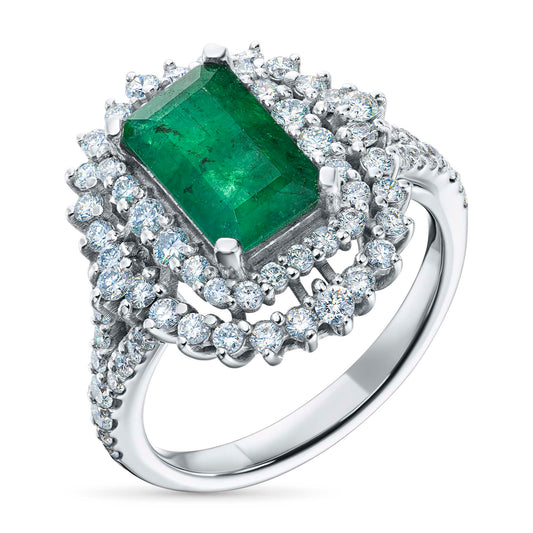 14K White Gold Ring with Emerald and Lab-Created Diamonds
