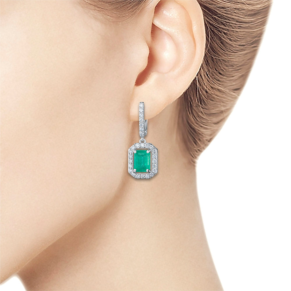 14K White Gold Earrings with Chrome diopside and Lab-Created Diamonds