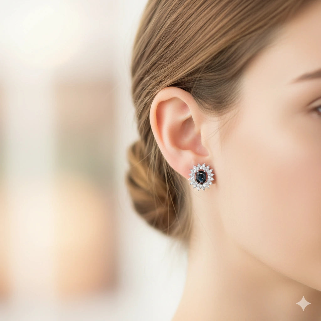 14K White Gold Earrings with Sapphire and Lab-Created Diamonds