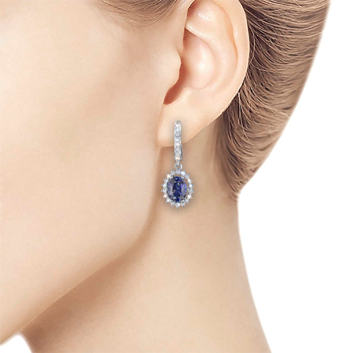 14K White Gold Earrings with Sapphire and Lab-Created Diamonds