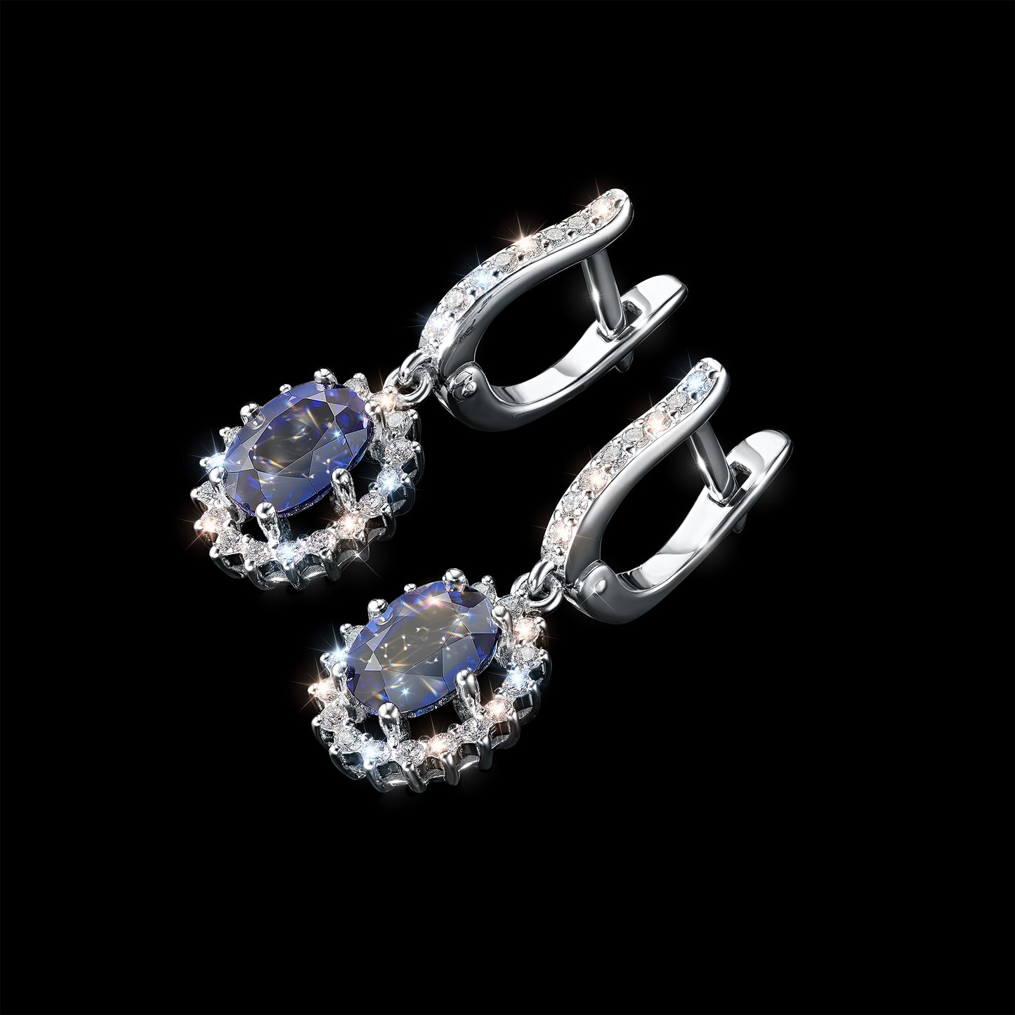 14K White Gold Earrings with Sapphire and Lab-Created Diamonds