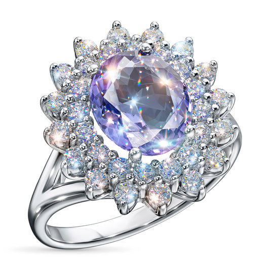 14K White Gold Ring with Tanzanite and Lab-Created Diamonds
