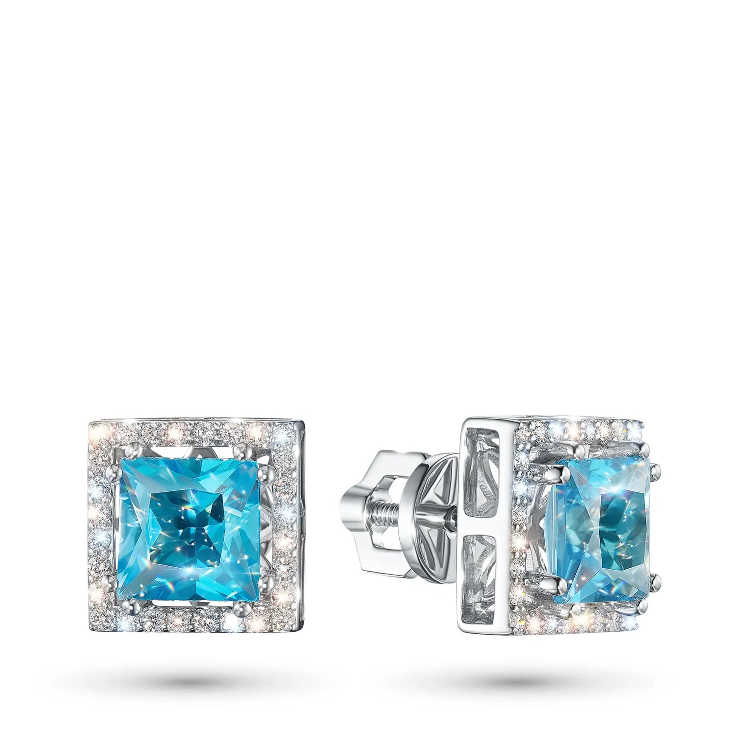 14K White Gold Earring Studs with Topaz and Lab-Created Diamonds